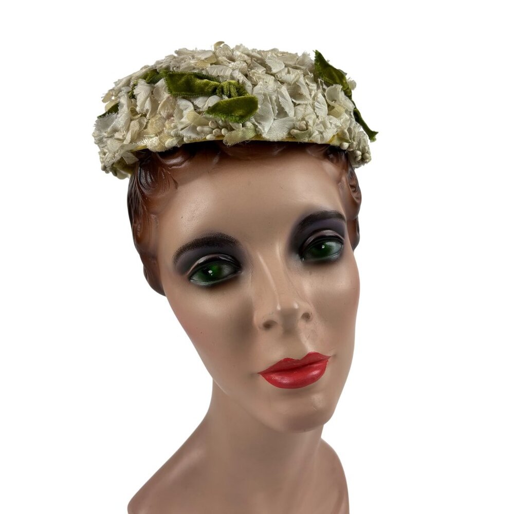 Vintage 50s Floral Hat White Green Bows Formal Round Pillbox B. Forman - Picture 6 of 11